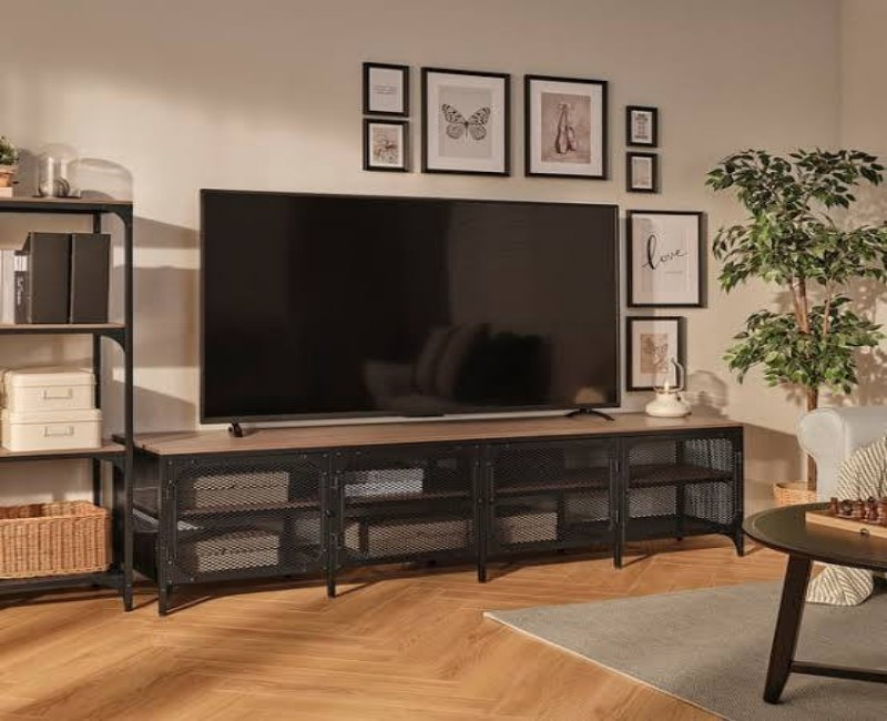 Modern Glass & Metal TV Stand – Contemporary Industrial-Style Media Console with Tempered Glass Shelves & Steel Frame