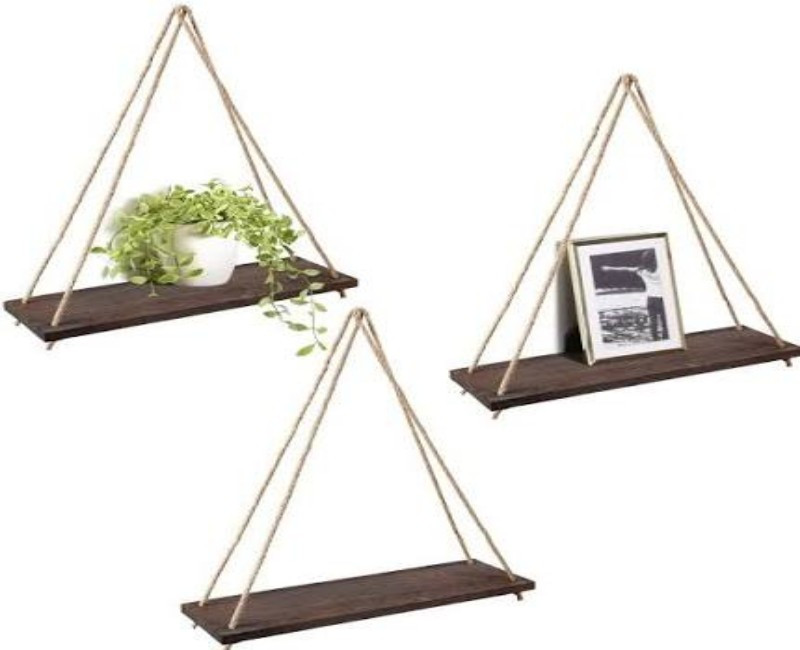 Mkono Hanging Wooden Shelf – Rustic Rope/Chain Hanging Wall Shelf for Plants, Décor & Storage | Boho Floating Shelf for Living Room, Bedroom & Office